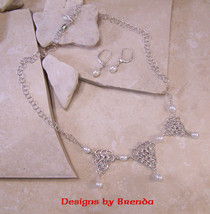 Pearl &amp; Triangle Chain Maille 3 Drop Necklace &amp; Earring Set - $135.00