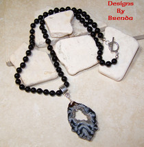 Black Onyx Beads &amp; Occo Geode Slice Necklace - £75.13 GBP