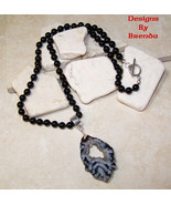 Black Onyx Beads &amp; Occo Geode Slice Necklace - £75.13 GBP