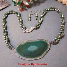 Green Pearls &amp; Agate Slice Necklace &amp; Earring Set - £106.19 GBP