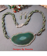 Green Pearls &amp; Agate Slice Necklace &amp; Earring Set - £104.94 GBP
