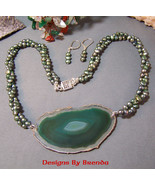 Green Pearls &amp; Agate Slice Necklace &amp; Earring Set - €115,57 EUR