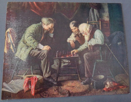 Antique Vintage Lithograph Linen Art Print Old Elderly Men Playing Chess Fuzzled - £19.51 GBP