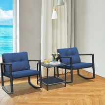 Rattan Set Rocking Chair 3 Pcs Patio Cushioned Sofa Garden Furniture-Navy - £197.45 GBP