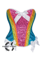 Pink Blue Yellow Satin With Front White Bow Sequin Work Overbust Rainbow Corset  - £69.61 GBP