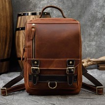 Crazy Horse Leather Backpack Men Brown Unisex Cow Leather 14&quot; Laptop Ruc... - £132.07 GBP