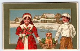 New Year Postcard Children Hold Puppy Dog In Basket Otto Schloss 1117 Embossed - £57.15 GBP