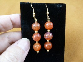 EE-395-15 round 10mm Orange Fire Agate gemstone 3 bead gold tone dangle earrings - £14.98 GBP