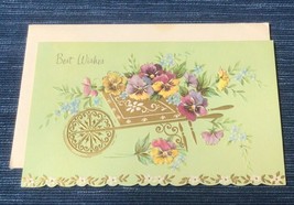 Vtg Sunshine Unused Card Best Wishes Wheelbarrow Embossed Floral 937A - $8.75