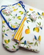 4 PC Lemon Pattern, 2 Kitchen Towels, Pot Holder &amp; Oven Mitt Set - £13.45 GBP