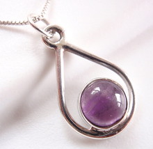 Small Purple Amethyst Round Gem Stone Teardrop Hoop 925 Sterling Silver Pendant - £7.88 GBP
