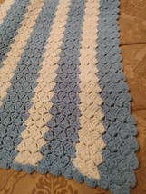 60&quot; x60&quot; Hand Knitted Or Crochet Work Lap Balnket Throw 3inch Blue &amp; White Bands - $50.00