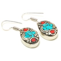 Turquoise Red Coral Bohemian Drop Dangle Jewelry Earrings Nepali 1.50&quot; SA 3367 - $8.99