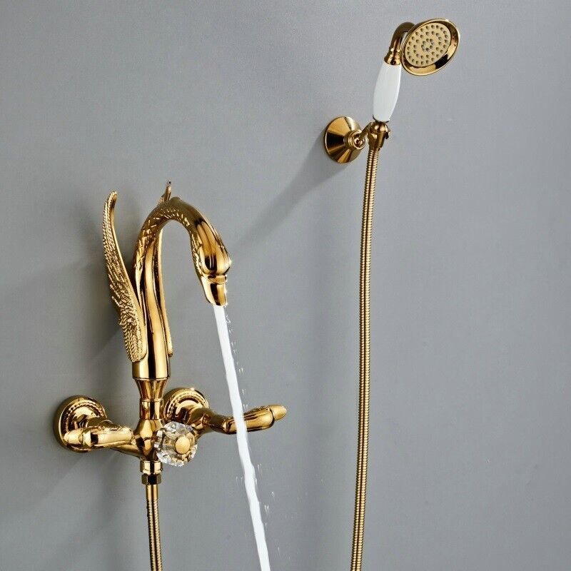 Primary image for Gold wall mounted  swan Handles Bath Tub shower Filler Faucet Crystal diverter
