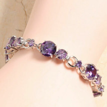 Delicated 13Ct Round CZ Amethyst Tennis Bracelet 14K White Gold Plated-Silver - £395.67 GBP