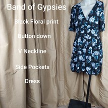 Band Of Gypsies Black Floral Print Button Down Side Pockets Dress Size L - £12.55 GBP