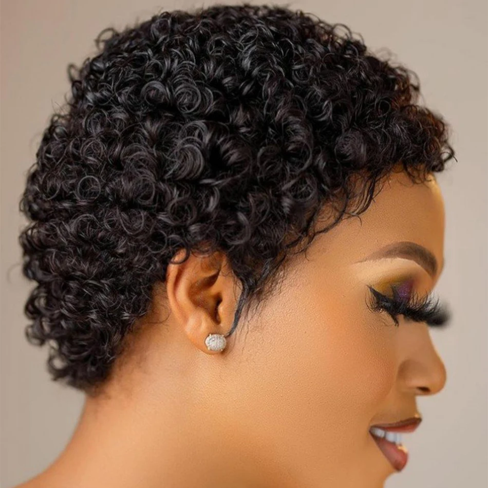 Short Curly Hair Wigs Pixie Cut Remy Brazilian Human Hair Wigs For Black Wom - £26.50 GBP
