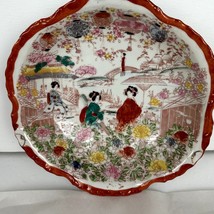 Japanese Antique China Red-Orange  Bowl  Scalloped Geisha Floral Structures - $27.07