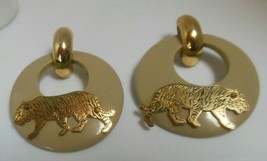 Vintage Rare Gold-tone Plastic Door-Knocker W/Tiger Pierced Earrings - £66.48 GBP