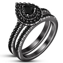 Pear Cut Diamond 10k Black Gold Fn Engagement Wedding Bridal Ring Set 2.00 ct - £85.02 GBP