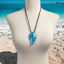 Dichroic Glass Necklace Blue Pendant Foil Fused Satin Cord Abstract Meta... - $19.99
