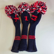 Vintage Knit Golf Club Headcovers Set 1 3 X Navy Red White Pom Pom Wool - $468.48 MXN
