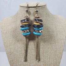 Vintage Hippie Statement Earrings Blue Tan w/ Gold Tone 7 Inch Dangle Drop - $316.23 MXN