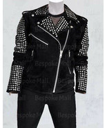 New Women&#39;s Black Vintage Suede Leather Silver Studs Handmade Brando Jac... - $339.99