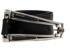 Fahrenheit Rare Women Black Leather Belt Silver Tone Modernist Buckle - £90.79 GBP