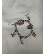 VTG Hard Rock Charm Bracelet Pink Enamel &amp; Rhinestones Ribbon Heart Butt... - £19.67 GBP