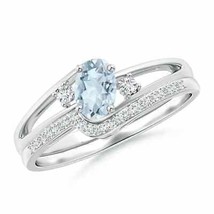 ANGARA Oval Aquamarine and Diamond Wedding Band Ring Set in 14K Solid Gold - £692.85 GBP