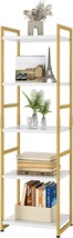 Finetones 5 Tier Corner Shelf, Narrow Bookshelf Gold With Metal, White And Gold - £72.73 GBP