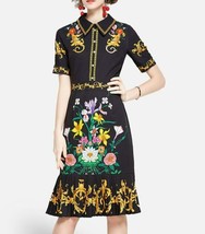 NWOT Black Baroque &amp; Floral Print Short Sleeve A-line Dress Size 6 - £19.12 GBP
