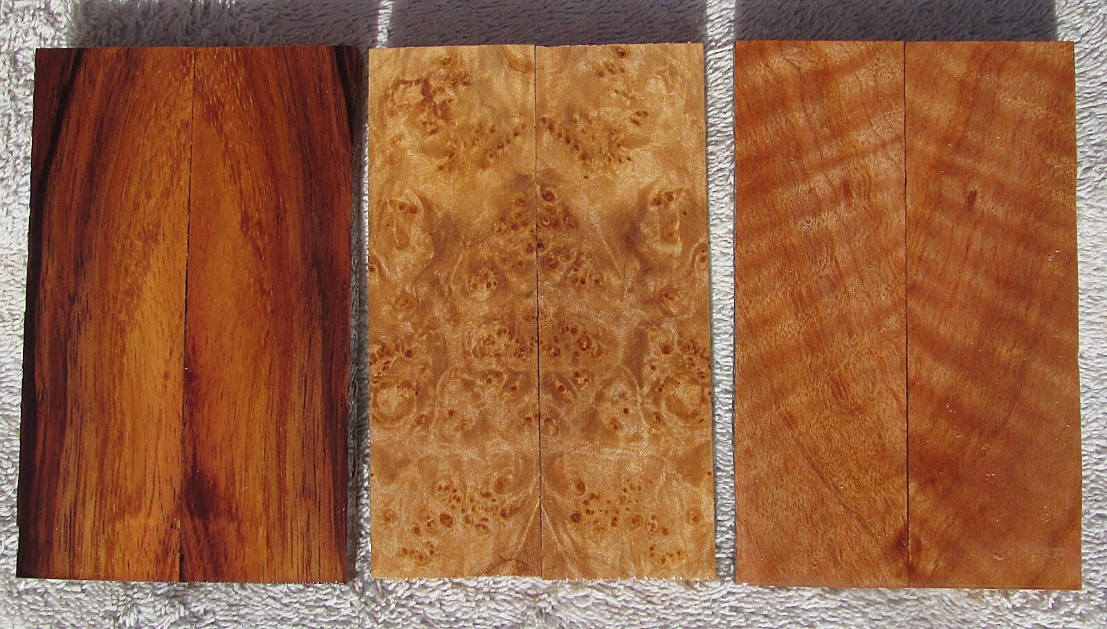 3 Sets Koa Maple Burl Curly Raintree Knife Scales Lot 1003 New Fresh US ... - $77.00