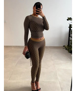 Fashion Printed Women&#39;s Contrast Waist Tight Pants Set Vintage Slim Long... - $35.53