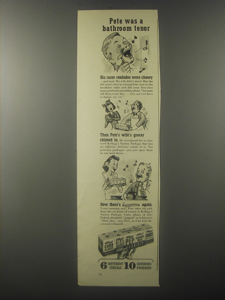 1942 Kellogg's Variety Package Cereal Ad - Pete was a bathroom tenor - $18.49
