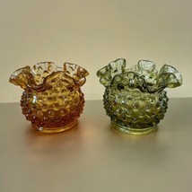 Vtg Fenton Small Amber + Green Hobnail Glass Rose Bowl w/Ruffle Rim Vase... - $32.66