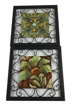Set of 2 Metal Ceramic Wall Hanging Panels Tiles 12&quot; Square Green Brown ... - $18.81