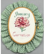 Handmade January Carnation Cross Stitch Wall Art With Ruffled Fabric Frame - $12.96