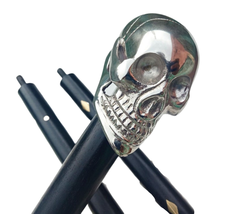 Solid Silver Brass Skull Head Handle Vintage Style Victorian Wooden Walking Cane - £23.04 GBP