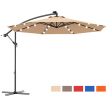10&#39; Hanging Solar LED Umbrella Patio Sun Shade Offset Market W/Base Beige - £177.34 GBP