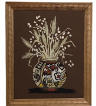 Vtg Crewel Wall Art Aztec Wheat Jar Carved Wood Frame 18.5&quot;x22.5&quot; Southwestern - $112.50