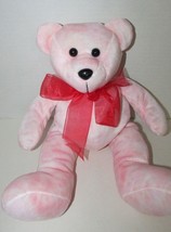 Pink white tie dye plush teddy bear red neck ribbon bow Kuddle Me toys seated - £11.65 GBP