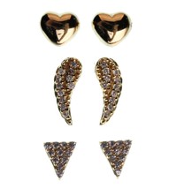 Dolce Vetra Sterling Pave Triangle Angel Wing &amp; Puff Heart Stud Earrings Set - £11.15 GBP