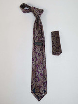 Mens Narrow Tie/Hankie Set Woven Vito Rofolo VTR-111 Wine Tan Paisley image 2