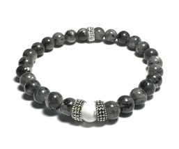 Larvikite and Howlite Beaded Bracelet, 6mm Gemstones, Silver Alloy Spacers - €5,10 EUR