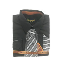 Vangogh Boys Black Dress Shirt Black Silver Gray Tie Hanky Set Sizes 8 - 14 - £19.86 GBP