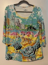 PALM GROVE Womens Large Top Tropical Paradise Beach 3/4 Sleeve Rhinestones - $257.40 MXN