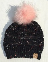 Kids Slouchy Black Knit Confett with Faux fur Pom Winter Beanie Hat Soft... - £6.85 GBP
