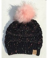 Kids Slouchy Black Knit Confett with Faux fur Pom Winter Beanie Hat Soft... - £6.84 GBP